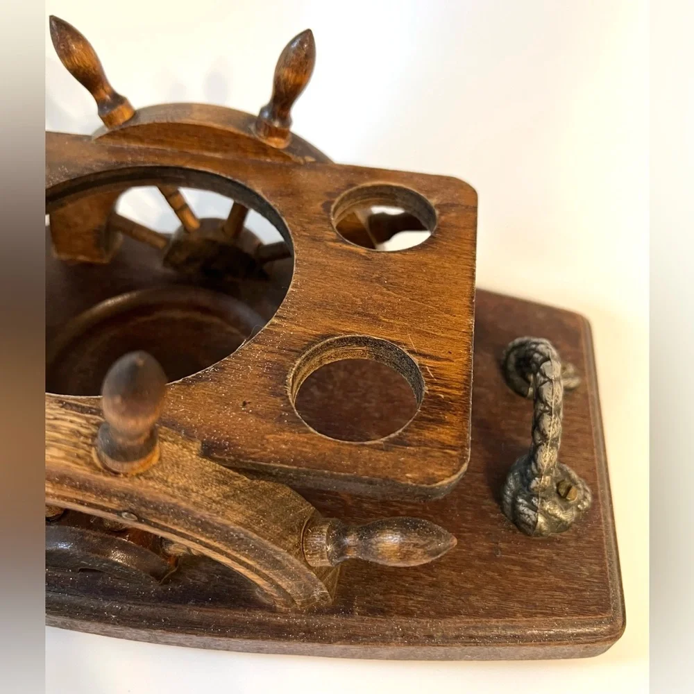 VTG Wooden Stand Ship's Wheel Serving Bar Tray for Bottle & Shot Glasses Handles